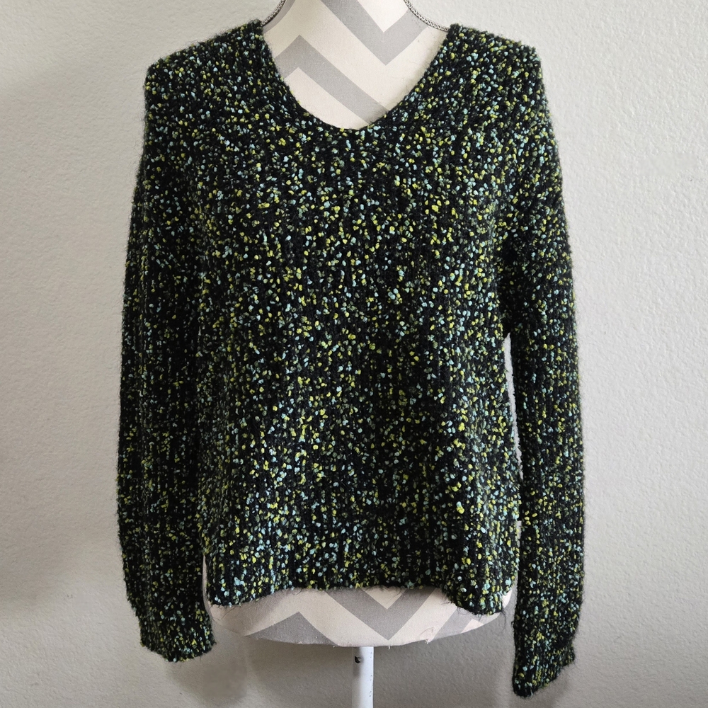 ​B.yu Black Speckled V-Neck Sweater Chunky Neon Confetti Knit Size Large